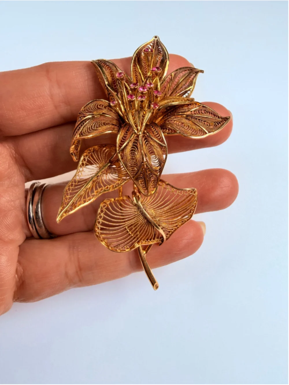 Estate 14K Solid Yellow Gold Ruby XL Floral Filigree Masterpiece VTG Pin Brooch